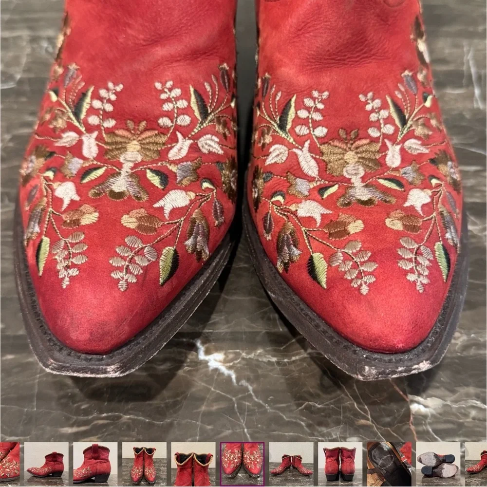 Liberty Black Red Leather Floral Embroidered Cowboy Boots - Picture 7 of 10